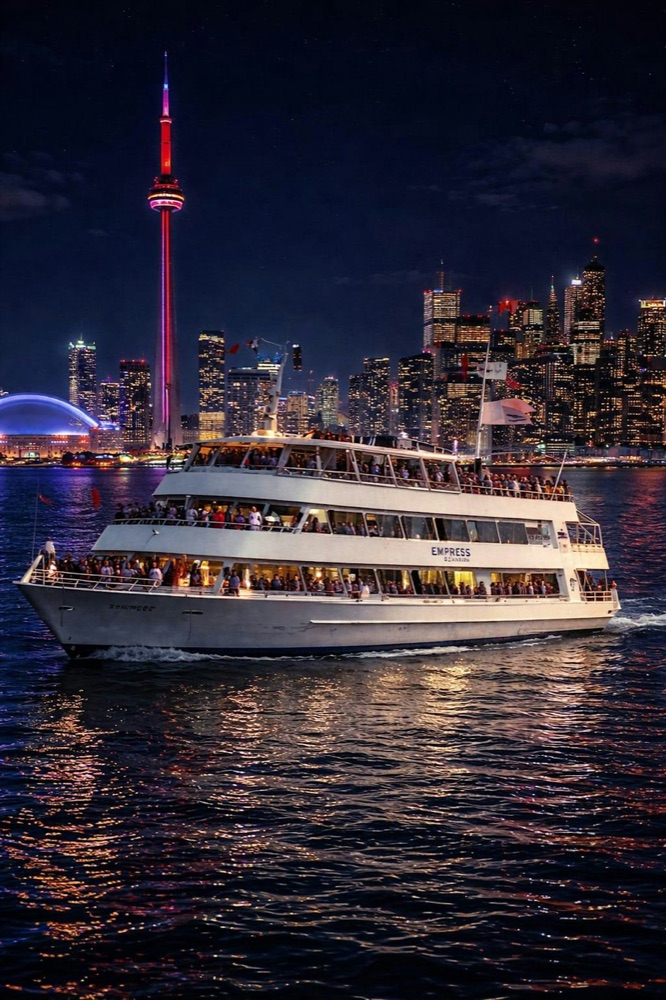 The Empress of Canada packed with guests at night on Toronto harbour, skyline lit behind